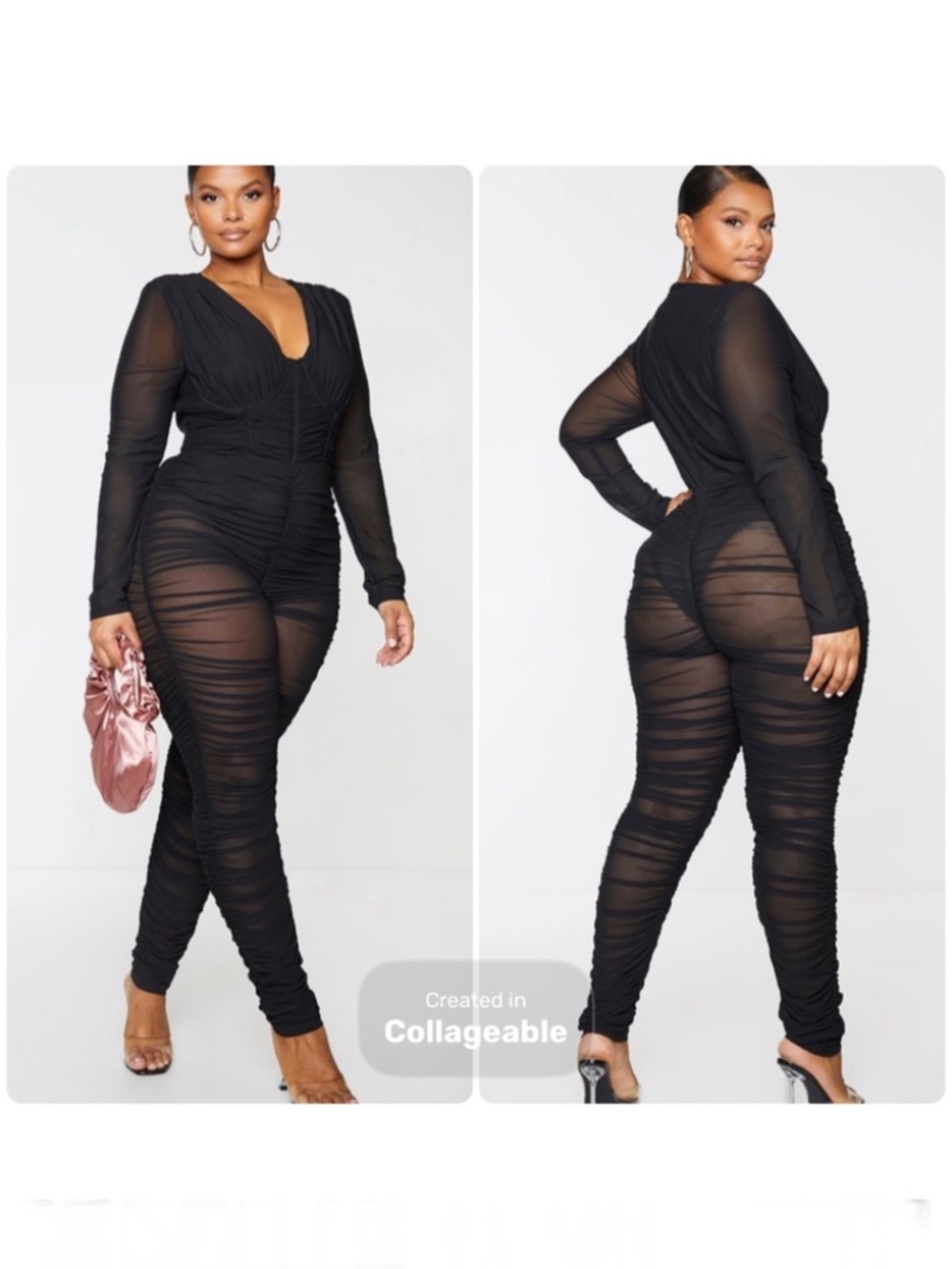 *NWT* PrettyLittleThing PLT Black Ruched Mesh Baddie Jumpsuit, Sz 22, Underwire